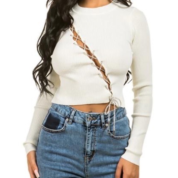 Balboa Orange Long Sleeve Top w/ Rhinestone Criss-Cross & Tie Waist - Small - Picture 4 of 7